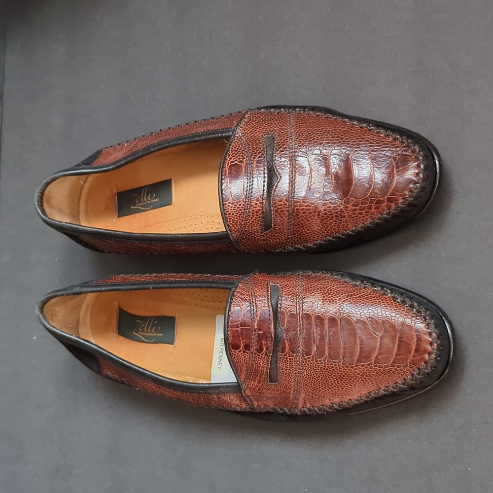ZELLI EXOTIC OSTRICH BROWN BLACK DRIVING PENNY LOAFERS